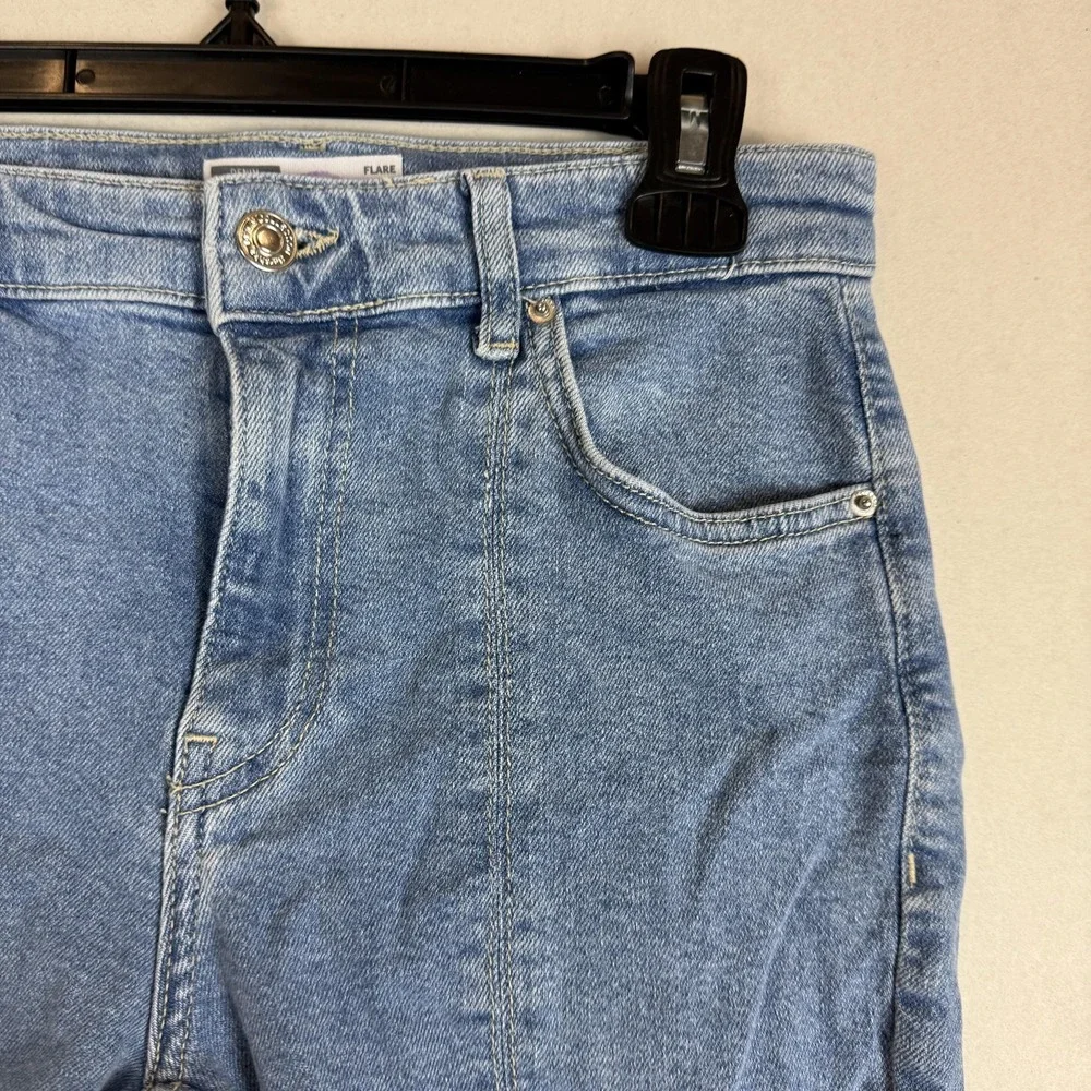 Bershka Flare Jeans Womens 6 Blue Light Wash High Rise Split Hem Stretch Denim